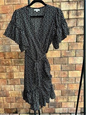 Max Studio Black Wrap Mini Dress with White & Blush Dot Print